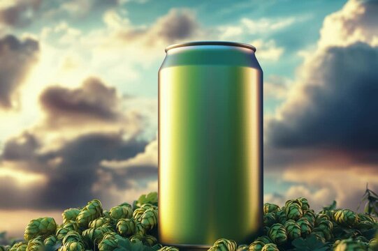 Beautiful blank aluminium green beer can standing on pile of humulus hops under dramatic cloudy sky. Beverages drinks package design mockup template