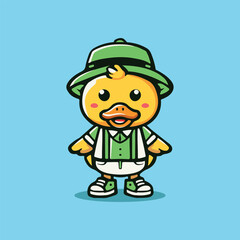 Adorable duck mascot wearing a green outfit, hat, and suspenders. Perfect for stickers, logos, children’s illustrations, and digital designs.