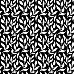 Seamless pattern with white leaves and branches on black background. Floral ornament for wallpaper, wrapping paper, fabric. Abstract botanical texture.