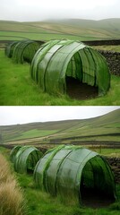 Obraz premium Green Shelters for Livestock in Rural Landscape.