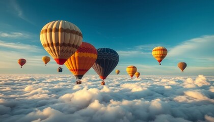 Obraz premium A breathtaking aerial view of colorful hot air balloons soaring gracefully above a vast expanse of fluffy white clouds under a vibrant blue sky, creating a magical scene of serenity and adventure