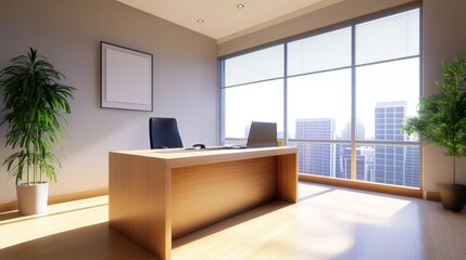 Modern office interior featuring a wooden desk, two chairs, and large windows with a city view, complemented by decorative plants.