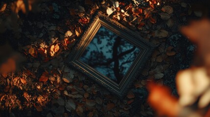 Antique mirror reflecting autumn trees lies on fallen leaves.