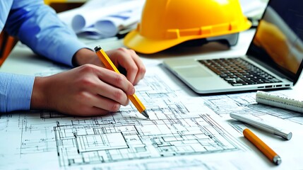 Architectural Planning with Blueprint and Tools, Close-up of a person's hand drawing architectural plans with a pencil on a blueprint