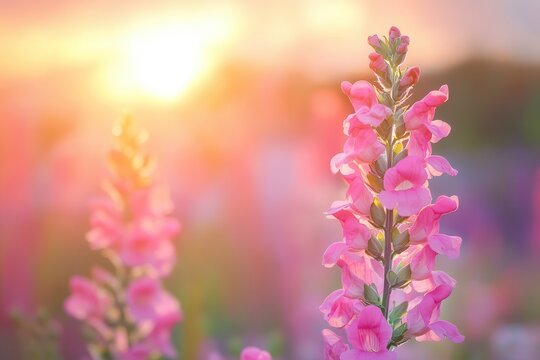Vibrant pink snapdragons glow in a golden sunset.