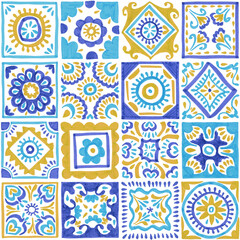 Multicolored tile seamless pattern. Handwork with markers on paper. Bohemian print for textiles. Blue, yellow and mint elements on a white background. Isolated square elements. Cute clip art.