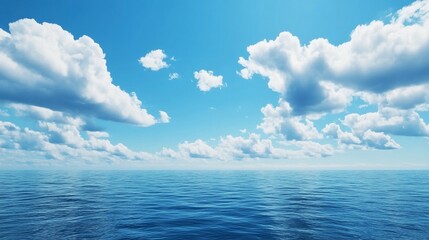 Obraz premium Serene ocean view with fluffy white clouds against a clear blue sky