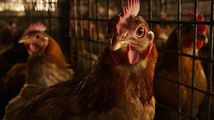 Close-up of hens in a cage, focusing on one hen's intense gaze.