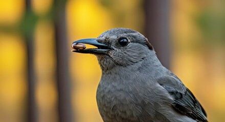 A Freshly Plucked Pine Seed in Its Sharp Black Beak. the Intricate Texture of Its Smooth Gray Feathers Is Visible