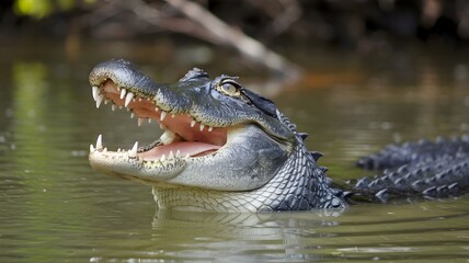 Naklejka premium Close-Up of Alligator Swimming in Water with Mouth Open