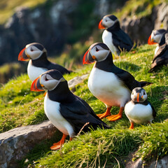 Puffin Colony on Coastal Cliff: A charming colony of puffins perched on a grassy coastal cliff, their bright beaks and endearing expressions creating a delightful wildlife scene.  