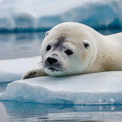 Fototapeta premium Arctic Seal Pup on Ice Flow: An adorable seal pup basks on a pristine ice flow, its large dark eyes reflecting the vast icy landscape. The clear blue water surrounds the pup.
