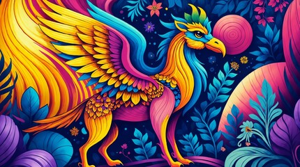 Fototapeta premium A majestic griffin with golden wings stands in a trippy jungle wonderland