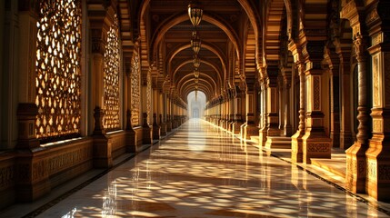 Obraz premium A Magnificent Grand Mosque, Featuring an Endless Corridor of Ornate Archways, Sunlight Streaming Through Intricate Carvings, Illuminating the Serenity of This Timeless Sanctuary