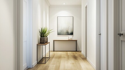 Modern hallway console table plant wooden floors AI generated
