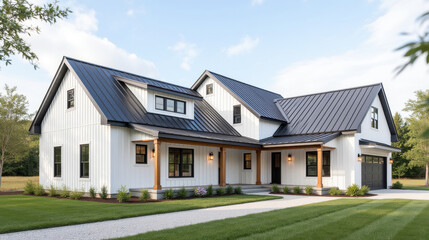 Obraz premium Modern farmhouse with sleek metal roof and white siding, surrounded by greenery. inviting porch and landscaped yard enhance its charm