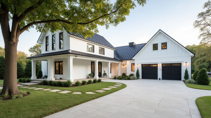 modern white house with black roof, surrounded by greenery and paved driveway. design features large windows and welcoming entrance