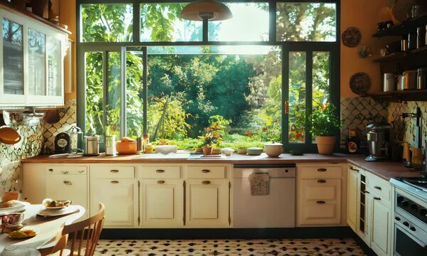 A cozy kitchen with vintage-inspired decor, patterned tiles, and a large window looking into the backyard