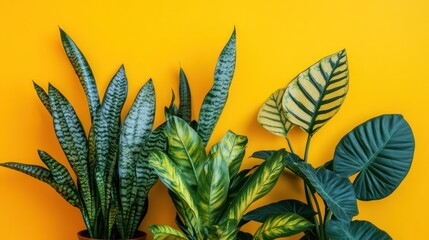 Obraz premium Vibrant houseplants against a yellow background.