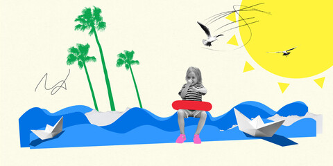 Dreamy child sitting by ocean with floating paper boats, with seagulls under golden sun. Contemporary art collage. Concept of summer travel, adventure, surrealism, childhood imagination, freedom