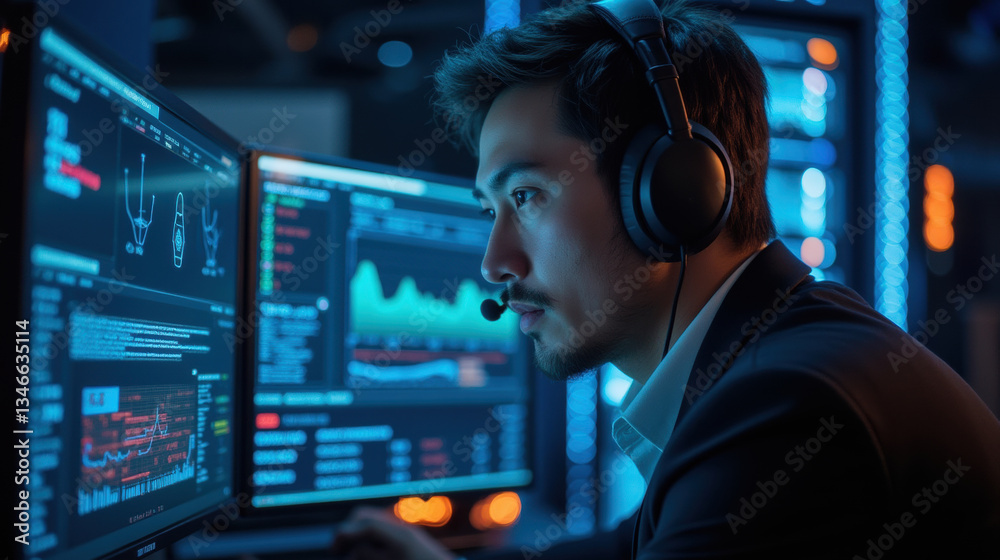 Poster focused man in headset analyzes data on multiple screens in tech environment
