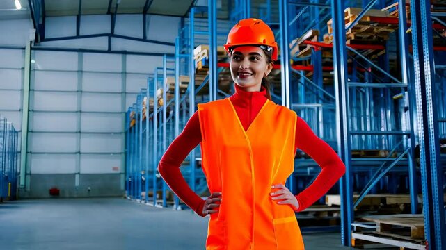 Confident female worker in an orange safety vest and hard hat stands with hands on hips in a large industrial warehouse with blue metal racks in the background. Concept of women in engineering and ind