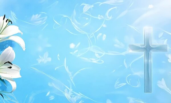 Sophisticated blue and white Pascha wallpaper, featuring blooming lilies, a serene cross symbol, and subtle light reflections for an elegant, sacred mood