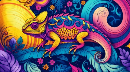 A surreal chameleon with neon patterns camouflages into a technicolor rainforest