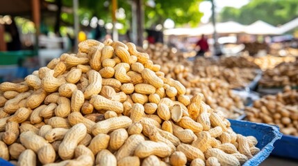 Large pile of peanuts in shells at an outdoor market.