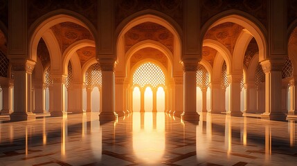 A Grand Mosque, Majestic and Timeless, Featuring an Endless Corridor, Sunlight Streaming Through Ornate Archways, Casting Mesmerizing Patterns on the Marble Floors