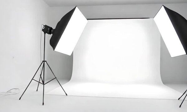 Bright photography studio with softbox lights