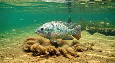 Obraz premium A Mozambique Tilapia Tirelessly Fans Its Fins, Clearing Away Debris to Create a Circular Nest in the Sandy Bottom of a Shallow Lake