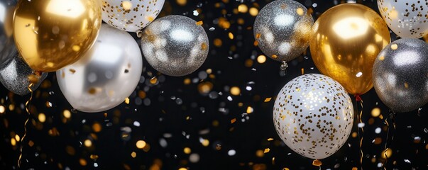 Elegant festive balloons with golden and silver confetti.