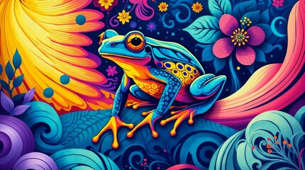 Fototapeta premium A vibrant tree frog sits on a surreal fantasy landscape