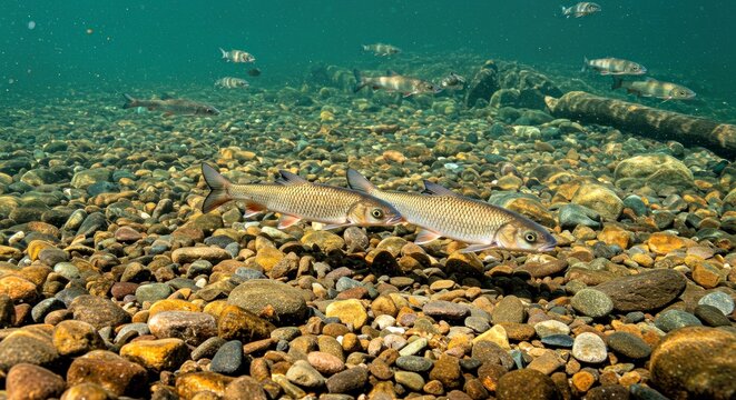 A Pair of Squalius Cephalus Move in Synchronized Motion Over a Shallow, Gravel-Covered Stream Bed, Their Bodies Shimmering as They Prepare to Spawn