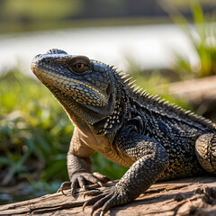 Fototapeta premium Reptilian Majesty: A captivating close-up of a water dragon basking in the sun, its scales and eyes reflecting nature's grandeur. This image captures the raw essence of the natural world.