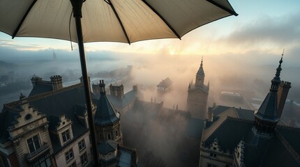 Elegant Umbrella Floating Over a Misty Skyline at Sunrise – Mary Poppins Fairy Tale Illustration