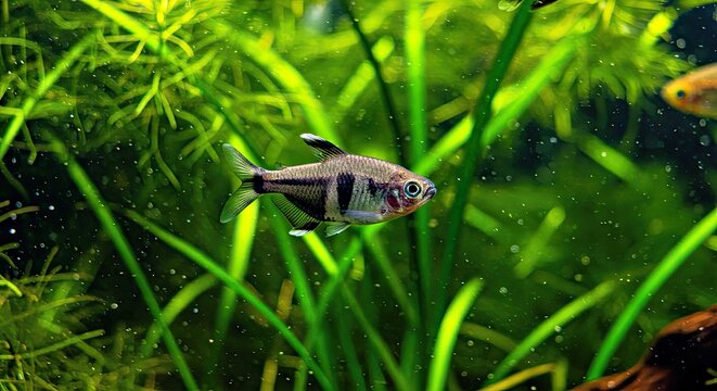 A Sleek Black Tetra Glides Effortlessly Through a Lush, Planted Aquarium, Weaving Between Tall, Swaying Stalks of Vallisneria and Dense Clusters of Java Fern