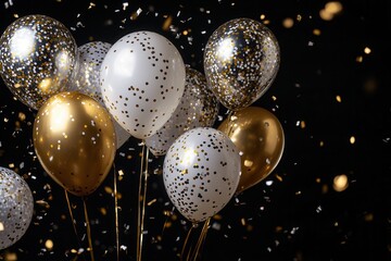 Festive balloons and confetti celebration in black and gold theme.