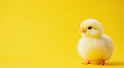 Adorable Fluffy Yellow Baby Chick Sitting on Vibrant Yellow Background for Easter and Spring Theme.