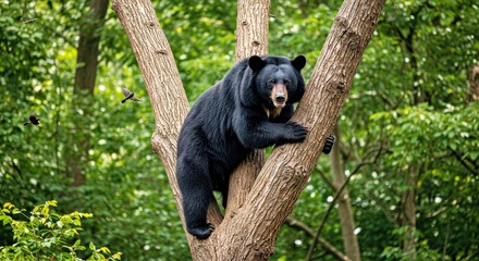 Fototapeta premium n Asian Black Bear Grips the Thick Trunk of an Ancient Tree, Its Sharp Claws Sinking Into the Bark as It Climbs With Effortless Agility