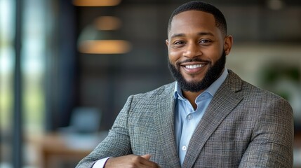 Fototapeta premium Smiling businessman portrait, modern office background