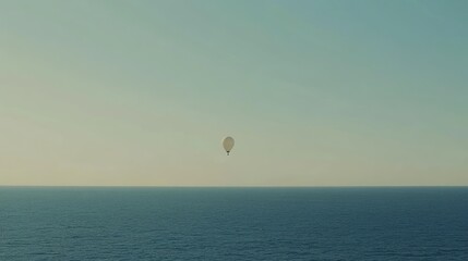 Single hot air balloon floats over calm ocean.