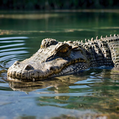 Obraz premium Silent Predator: A close-up captures the intense gaze of a stealthy crocodile as it navigates the tranquil waters of a serene lake, showcasing its powerful presence and raw, untamed essence.