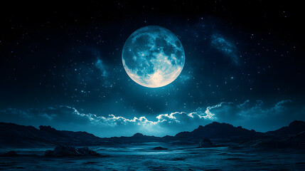 An extraordinary photography of a moonlit night sky with wisps of clouds glowing softly, adding depth and texture to the celestial view.