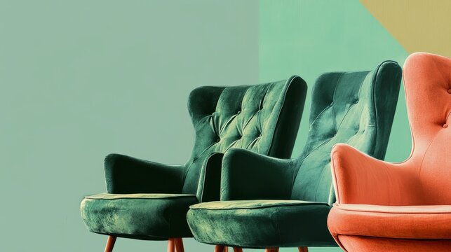 A modern graphic design poster for an online furniture shop, displaying a variety of green chairs with blank text areas in stylish font colors
