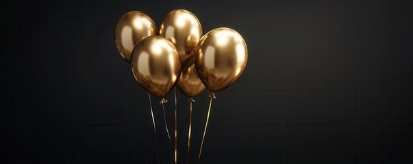 Cluster of shiny gold balloons against a dark background.