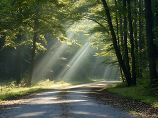 Obraz premium Sunbeams Illuminate Forest Path. (2)