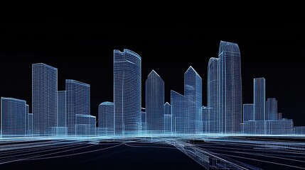 Obraz premium Abstract Architectural Wireframe of Modern Skyscrapers - 3D Perspective View