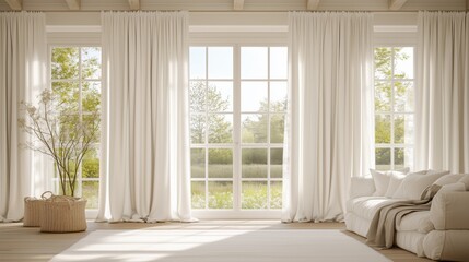 Fototapeta premium Serene room with white curtains large windows and soft light. AI generated